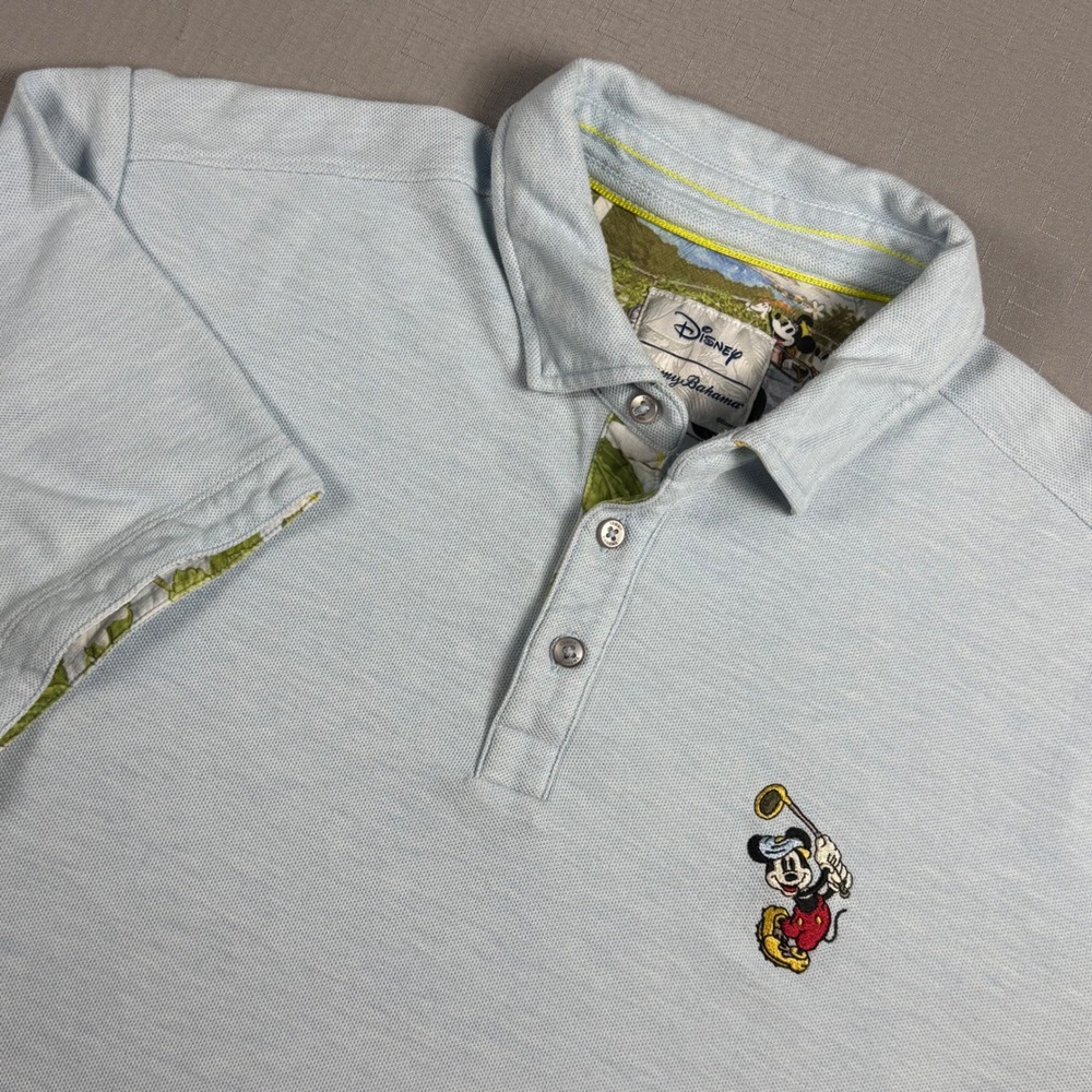 Disney x Tommy Bahama Mens Golfing Mickey Mouse Polo Shirt Light Blue Large